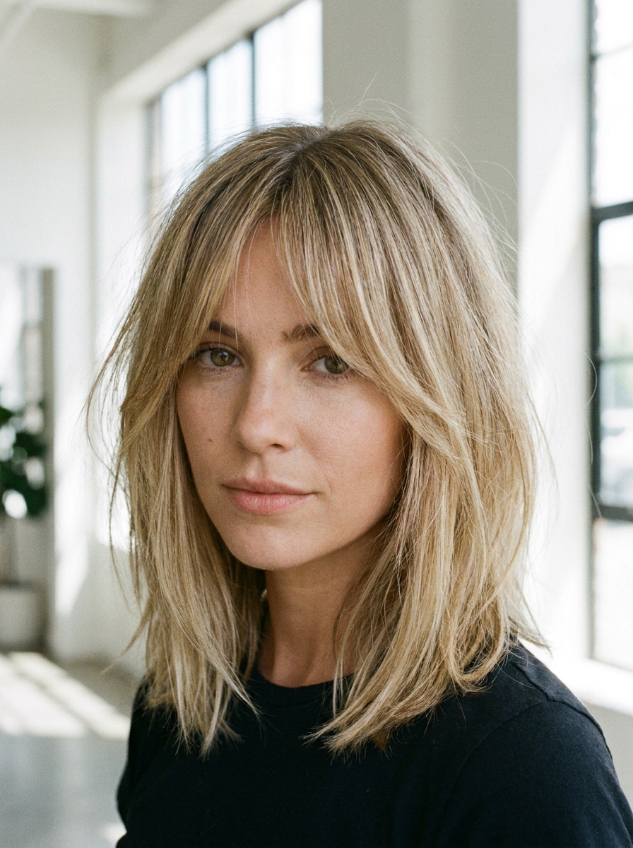 Blonder Lob mit Curtain Bangs als Blonde Bob Frisuren mittellang Inspiration 2026